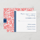 Carte Mariage RSVP Coral Blue Damask (Devant / Derrière)
