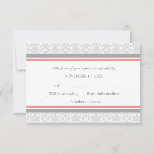 Carte Mariage RSVP Coral Grey Damask (Devant)