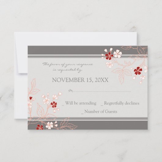 Carte Mariage RSVP Coral Red Grey Floral (Devant)