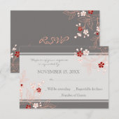 Carte Mariage RSVP Coral Red Grey Floral (Devant / Derrière)