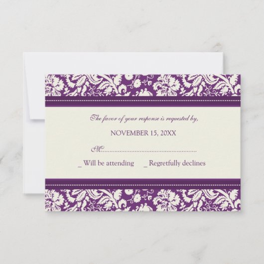 Carte Mariage RSVP Crème et Plum Damask (Devant)