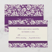 Carte Mariage RSVP Crème et Plum Damask (Devant / Derrière)