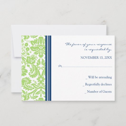 Carte Mariage RSVP Lime Blue Damask (Devant)