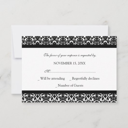 Carte Mariage RSVP noir blanc Damask (Devant)