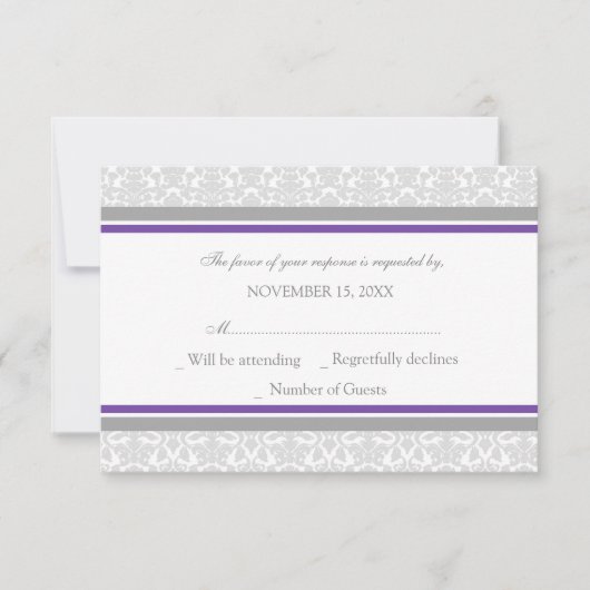 Carte Mariage RSVP pourpre Grey Damask (Devant)