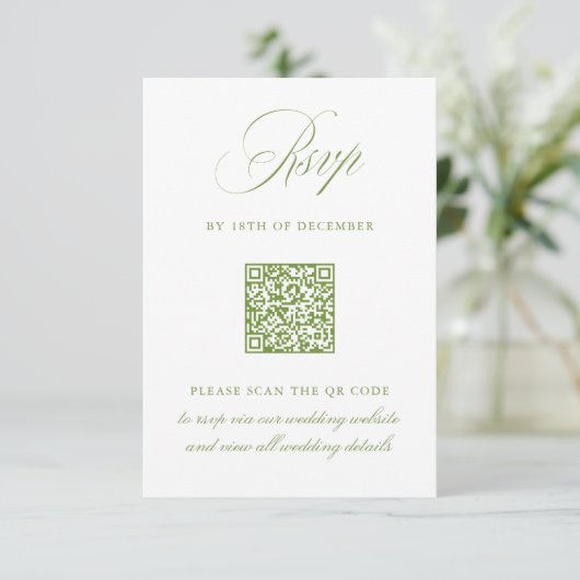 Carte Mariage RSVP Sage Green QR Code élégant (Debout devant)