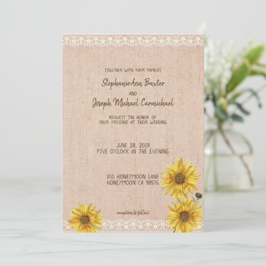 Carte Mariage Rustique Lace & Burlap Sunflowers (Debout devant)