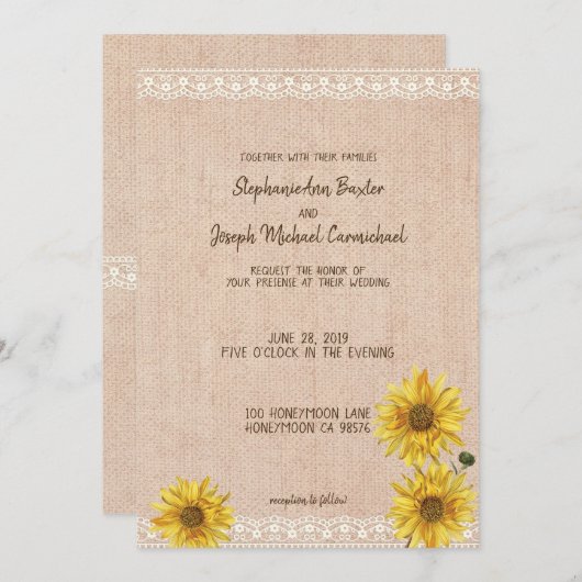 Carte Mariage Rustique Lace & Burlap Sunflowers (Devant / Derrière)
