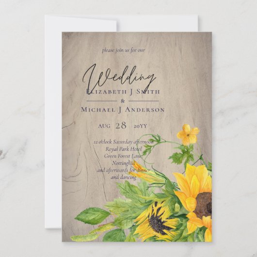 Carte Mariage rustique Tournesol (Devant)