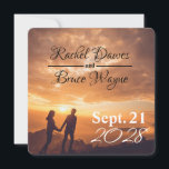 Carte Mariage simple moderne Enregistrer la date romanti<br><div class="desc">Une magnifique carte de mariage Save-the-Date pour le plus beau jour.
Une carte au design soigné avec une ambiance romantique au coucher du soleil en rouge,  orange.

La carte présente un design élégant et moderne avec une écriture cursive et des éléments modernes.</div>