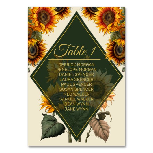 Carte Mariage Sunflower Forest Green & Gold Table (Dos)