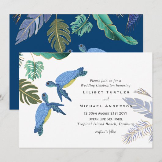Carte Mariage Tortues Marines Bleu Jaune (Devant / Derrière)