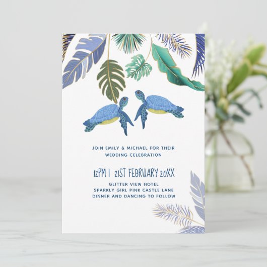 Carte Mariage Tortues Marines Bleu Jaune (Debout devant)