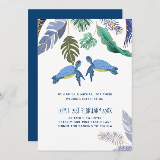 Carte Mariage Tortues Marines Bleu Jaune (Devant / Derrière)