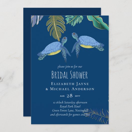 Carte Mariage Tortues Marines Bleu Jaune (Devant / Derrière)