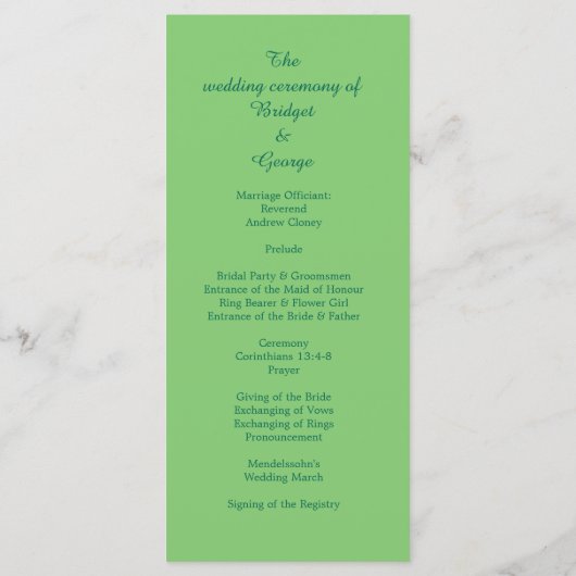 Carte mariage vert émeraude menu & programme (Dos)