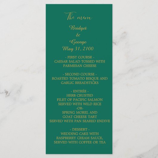 Carte mariage vert émeraude menu & programme (Devant)