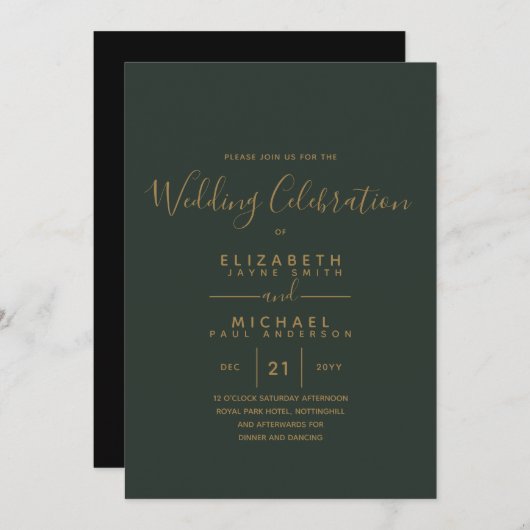 Carte Mariage vert moderne or invite (Devant / Derrière)