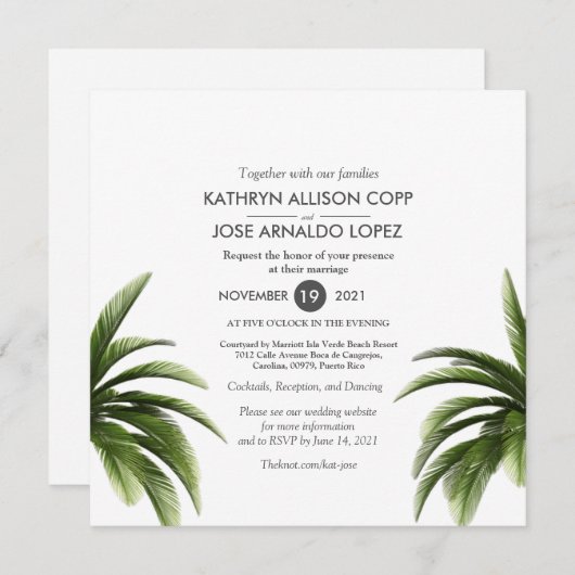 Carte Mariage verte Tropical Palm Tree (Devant / Derrière)