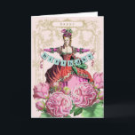 Carte Marie Antoinette<br><div class="desc">A delightful card featuring Marie Antoinette holding a birthday banner. Beautiful flowers fill the foreground. Taken from à 18e century fashion plate.</div>