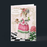 Carte Marie Antoinette<br><div class="desc">18e century fashion plate is created into a colourful fun birthday card. Marie Antoinette holds a birthday cake with beautiful butterfly resting on her pauvre. Une carte parfaite pour une personne spéciale.</div>