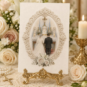 Carte Mariée et marié catholiques vintage au grand autel