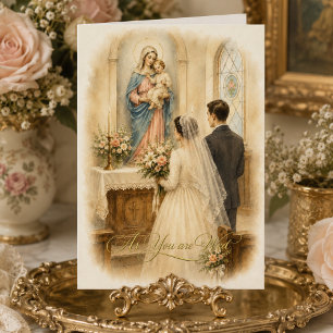 Carte Mariée et marié vintage à l'autel de Marie catholi