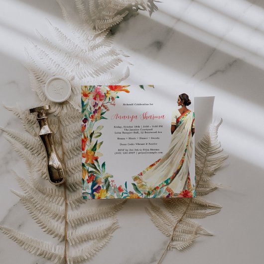 Carte Mariée indienne à Saree | Fête Florale Mehendi