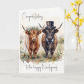 Carte Mariés de mariage Vaches Highland (Fleur jaune)