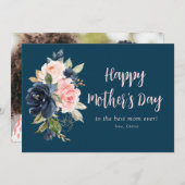 carte marine bleu et rose fleurie joyeuse mère (Devant / Derrière)