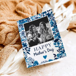 Carte Marine bleu Floral aquarelle poème photo Fête des<br><div class="desc">Photo d'aquarelle fleurie rétro douce Carte de la fête des mères avec feuilles de fleurs botaniques bleu marine peintes à la main. Ajoutez votre photo et votre poème</div>