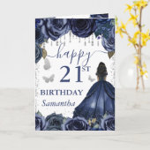 Carte Marine bleu robe peau foncée princesse Anniversair (Fleur jaune)