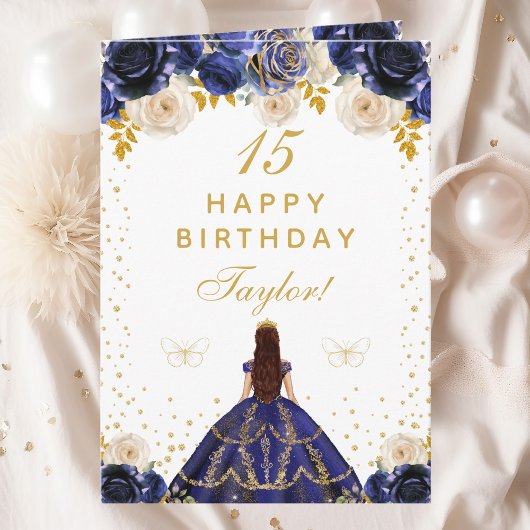 Carte Marine Blue Floral Princess Joyeux anniversaire