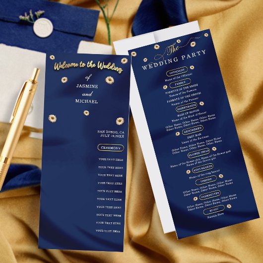 Carte Marine Blue Gold Ivory Beige Floral Wedding Progra