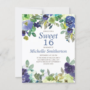 Carte Marine Blue Sage Vert Floral Sweet 16 Anniversaire