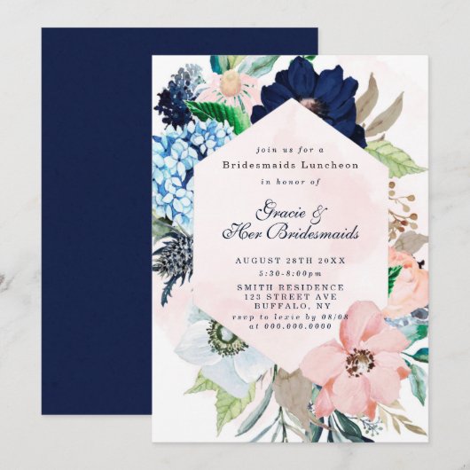 Carte Marine Blush Floral Bridesmaids Luncheon Invitatio (Devant / Derrière)