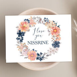 Carte Marine et Blush Floral Wreath I Love You Greeting
