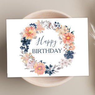Carte Marine et Blush Floral Wreath Joyeux Script d'anni