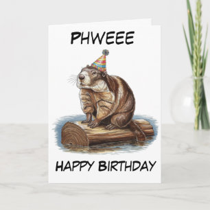 Carte marmotte portant un casquette d'anniversaire assis