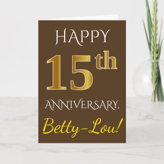 Carte Marron, Faux Or 15e Anniversaire de Mariage + Nom (Devant)