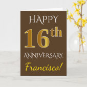 Carte Marron, Faux Or 16e Anniversaire de Mariage + Nom (Fleur jaune)