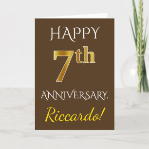Carte Marron, Faux Or 7e Anniversaire de Mariage + Nom