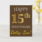 Carte Marron, Or Faux 15e Anniversaire de Mariage + Nom (Fleur jaune)