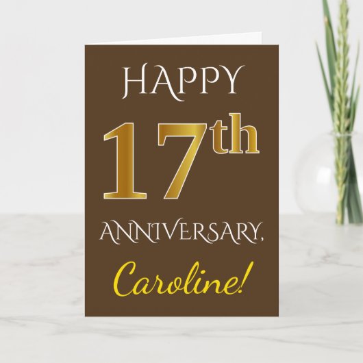 Carte Marron, Or Faux 17e Anniversaire de Mariage + Nom (Devant)