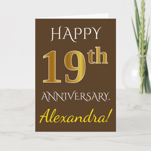 Carte Marron, Or Faux 19e Anniversaire de Mariage + Nom (Devant)