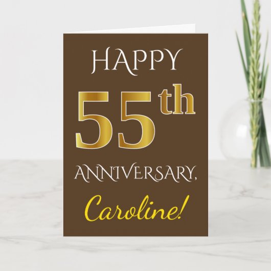 Carte Marron, Or Faux 55e Anniversaire de Mariage + Nom (Devant)