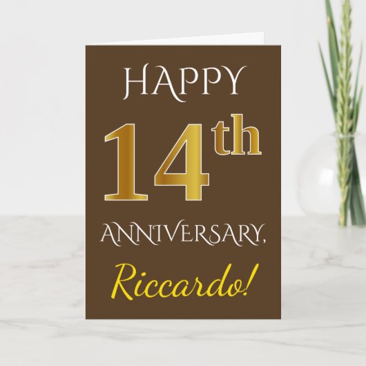 Carte Marron, Or Imitation 14e Anniversaire de Mariage + (Devant)