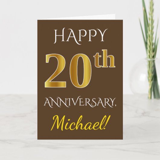 Carte Marron, Or Imitation 20e Anniversaire de Mariage + (Devant)