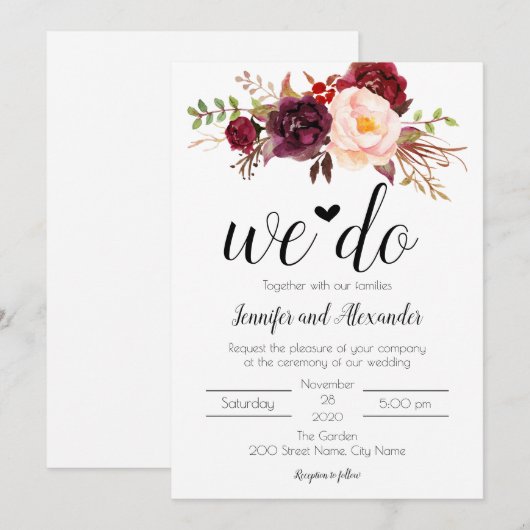 Carte Marsala Flowers Mariage (Devant / Derrière)