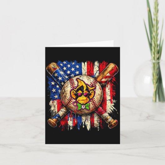 Carte Mascotte de baseball de singe drôle avec drapeau a (Devant)